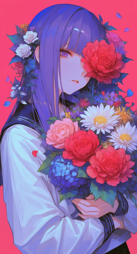 masterpiece, best quality, good quality, very awa, very aesthetic, absurdres, newest, 1girl, solo, long hair, purple eyes, purple hair, parted lips, blunt bangs, looking at viewer, holding bouquet, one eye covered, white shirt, school uniform, long sleeves, black sailor collar, serafuku, hair ornament, hair flower, bouquet, petals, leaf, floral print, rose \(flower\), daisy \(flower\), peony \(flower\), chrysanthemum \(flower\), hydrangea \(flower\), orange flower, red rose, pink rose, white flower, red flower, pink flower, blue flower, yellow flower, purple flower, white rose, upper body, simple background, red background, pink background, colorful, 748cmstyle <lora:noobai_ep11_stabilizer_v0.138_fp16:0.3> <lora:NOOB_vp1_detailer_by_volnovik_v1:0.3> <lora:ponyv6_noobV1_2_adamW-000017:0.3> <lora:USNR_STYLE_XL_lokr:0.45> <lora:745cmSDXLvpred75S:0.5> <lora:dhjs_0010-noobaiXLNAIXL_vPred_V10_V1-CAME:0.7>