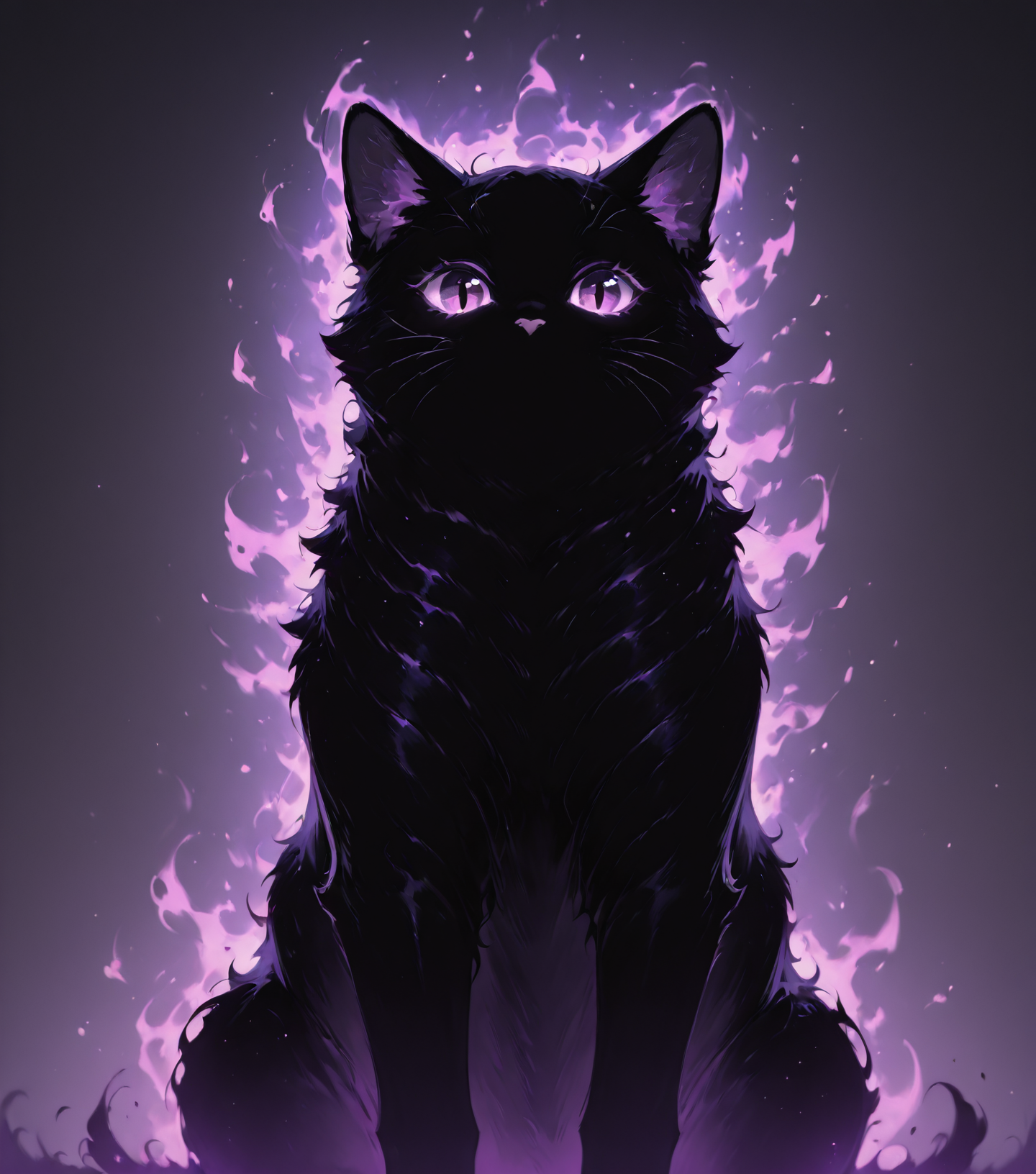 masterpiece, best quality, amazing quality, chubby calico cat, meow, uwu, looking at viewer, no humans, <lora:Sololevelling_buns:1> s0l0, (black silhouette), purple aura, solo,, masterpiece, best quality, amazing quality