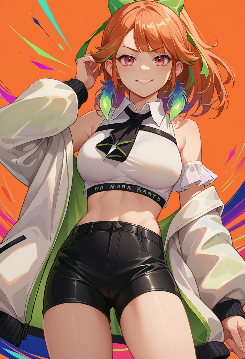 score_9, score_8_up, source_anime, KiaraPhoenix, medium hair, ponytail, green hair bow, feather earrings, black ribbon, headphones around neck, collared shirt, white shirt, crop top, sleeveless, black shorts, short shorts, white jacket, off shoulder, multicolored background, glowing colors, neon palette, smirk, <lora:ChamTakanashiKiaraV2PonyXL:1>