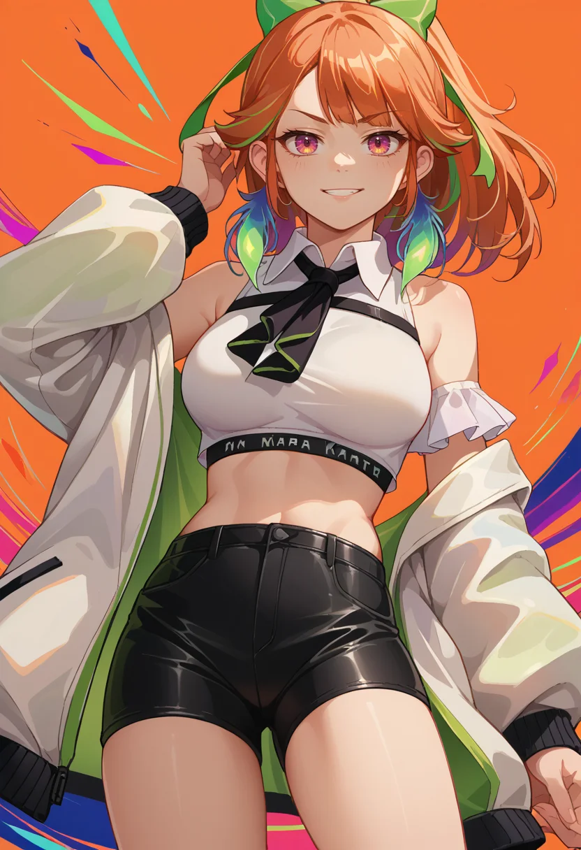 score_9, score_8_up, source_anime, KiaraPhoenix, medium hair, ponytail, green hair bow, feather earrings, black ribbon, headphones around neck, collared shirt, white shirt, crop top, sleeveless, black shorts, short shorts, white jacket, off shoulder, multicolored background, glowing colors, neon palette, smirk, <lora:ChamTakanashiKiaraV2PonyXL:1>