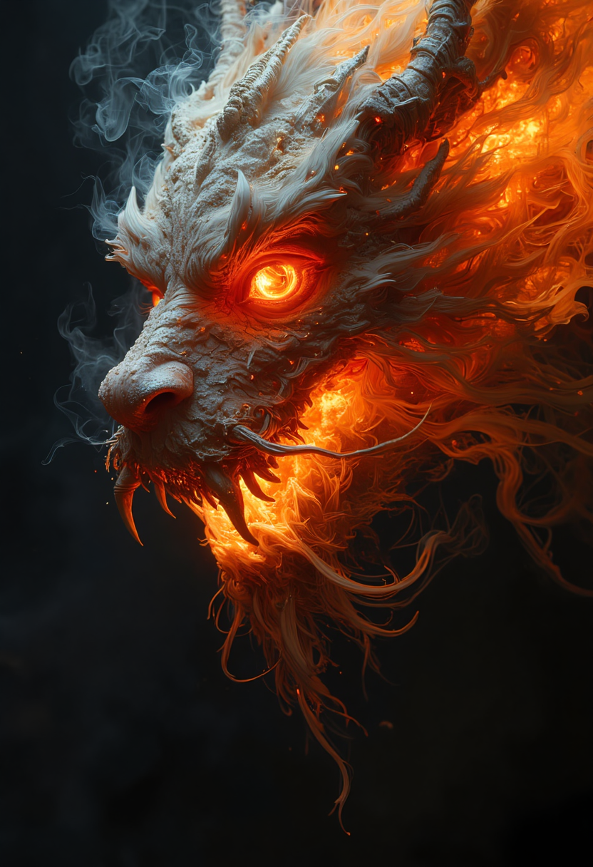 a dipiction of a fire Chinese Dragon, (disintegrating and dissolving into fog and smoke:1.3), (blending form with the black background:1.3). Framed in thick volumetric fog. diffused light, delicatly, whispering, eye catching masterpiece artwork. drifting fog, cracked light and scattering smoke in a dreamlike reality.