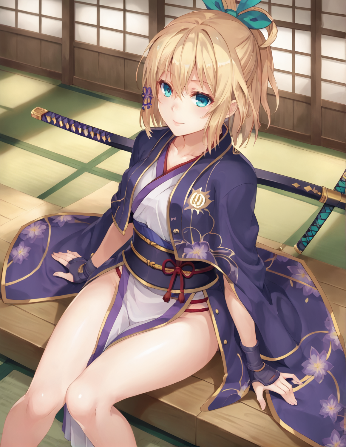 score_9, score_8_up, score_7_up, Rumia Tingel, masterpiece, best quality, 1girl, vibrant, vivid, high saturation, beautiful, highly detailed, intricate details, perfect face, perfect eyes, kimono, samurai, katana, dojo, sitting, view form above