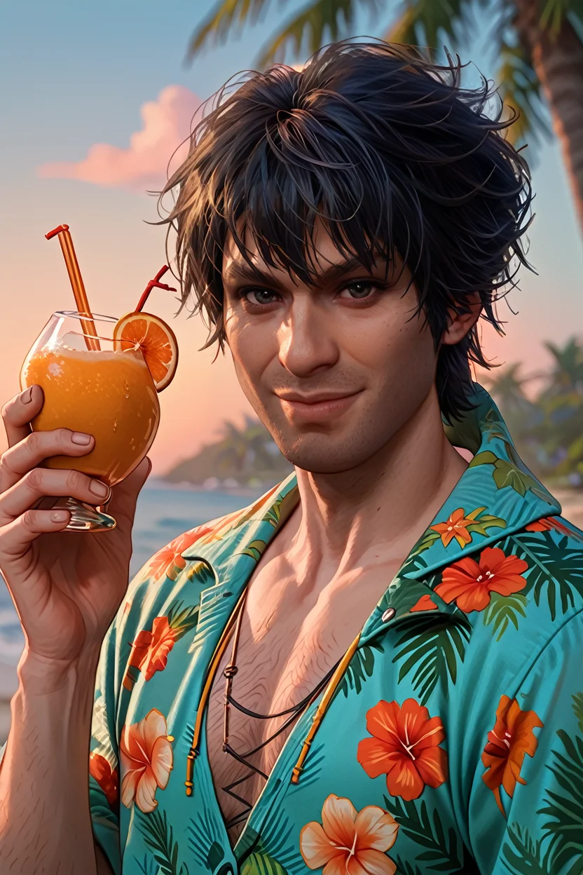 score_9, score_8_up, score_7_up, score_6_up
<lora:BGGortash:0.8>
BGGortash, 1boy, short hair, black hair, looking at viewer, male model wearing a Hawaiian shirt, smiling, holding a coconut drink, vibrant sunset, palm trees swaying in the breeze, tropical vibes