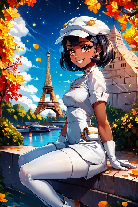 score_9, score_8_up, score_8, medium breasts, (curvy), cute, eyelashes, BREAK, , zzAether, dark skin, white cabbie hat, black hair, white uniform, white pantyhose, white gloves, <lora:Aether_Employee_Pokemon_PDXL_v1:0.8>, BREAK, zzEiffelTower in background, sitting, watercraft, boat, sitting on wall, side view, looking at viewer, smile, BREAK, blooming stars, luminescent petals, otherworldly fragrance blurry background, embedding:zPDXL, Expressiveh, <lora:EiffelTowerPDXL:1.0>, <lora:CatalystStylePDXL:0.6>, <lora:SDXLFaeTastic2400:0.5>, <lora:Expressive_H-000001:0.4>,