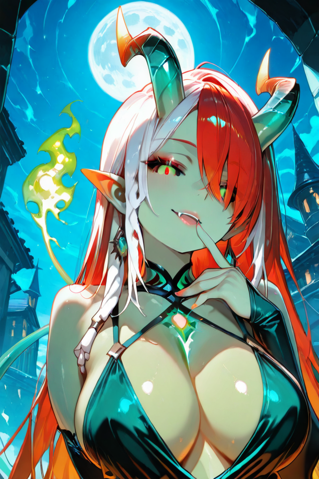 PonyScores, Expressiveh, (score_9, score_8_up, score_8, ASCII score_9), Rating 9, Rating 8, Rating 7, (Jade Obsidian Girl), (looking at viewer), 1girl, mature female, sexy, erotic, seductive, big breasts, large breasts, upper body, ultra-detailed, 32k, high detail, detailed, octane render, unreal engine, hyper detailed, ultra detail, (detailed background), (detailed face), illustration, CG, eyelashes, thick lines, soft lighting, absolutely eye-catching, (beautiful face), very awa, very aesthetic, absurdres, newest, portrait, center frame, apocalype, alluring, masterpiece, best quality, (seductive smile), parted lips, safe_pos, pinch dark, horror, from front, (natural beauty), (natural breasts), (ultra detail eyes), (beautiful sexy female), volumetric lighting, hdr, glowing plasma contur, (bioluminescence), Black Sclera, Horns, Dreadlocks, Pointy ears, Female Alien, Monster Girl, (tail, tail set aside, thick tail, triangular tipped tail), (sparking aura), powerful, energetic, vibrant, fire, (green aura), (spiked hair), (red hair:1.3), (bioluminescence hair), (fiery aura), (aura), perfect eyes, energy, electricity, (green electricity), (energy charging posture), (charging aura), (green skin), shadow, makeup, green theme, gradient, lips, (glowing fiery eyes:1.05), casual dress, sexy dress, ultra-HD, intricate textures, luminous lighting, cinematic ambiance, shimmering gradients, ethereal glow, deep contrast, soft volumetric fog, subtle particles, radiant reflections, rich color tones, seductive atmosphere, captivating sensuality, Cinematic Lighting, Shadow, backlit, backlighting, BREAK raytracing, volumetric lighting, ambient occlusion, shimmering particles in the air, intricate cinematic background, intimate and seductive, BREAK beautiful girl, jade horns, jade green, jade tail, (Sexy lips), (glowing-neon-green-dress), outdoors, day, blue sky, sun, <lora:JadeObsidianGirlillusV1ApexAi:1>, demon lord, white demon horns, black fur trim, red elbow gloves, black thigh boots, red eyes, pointy ears, long hair, white hair, hair over one eye, red strapless dress, licking finger, blood, fangs, bat \(animal\), castle, full moon,