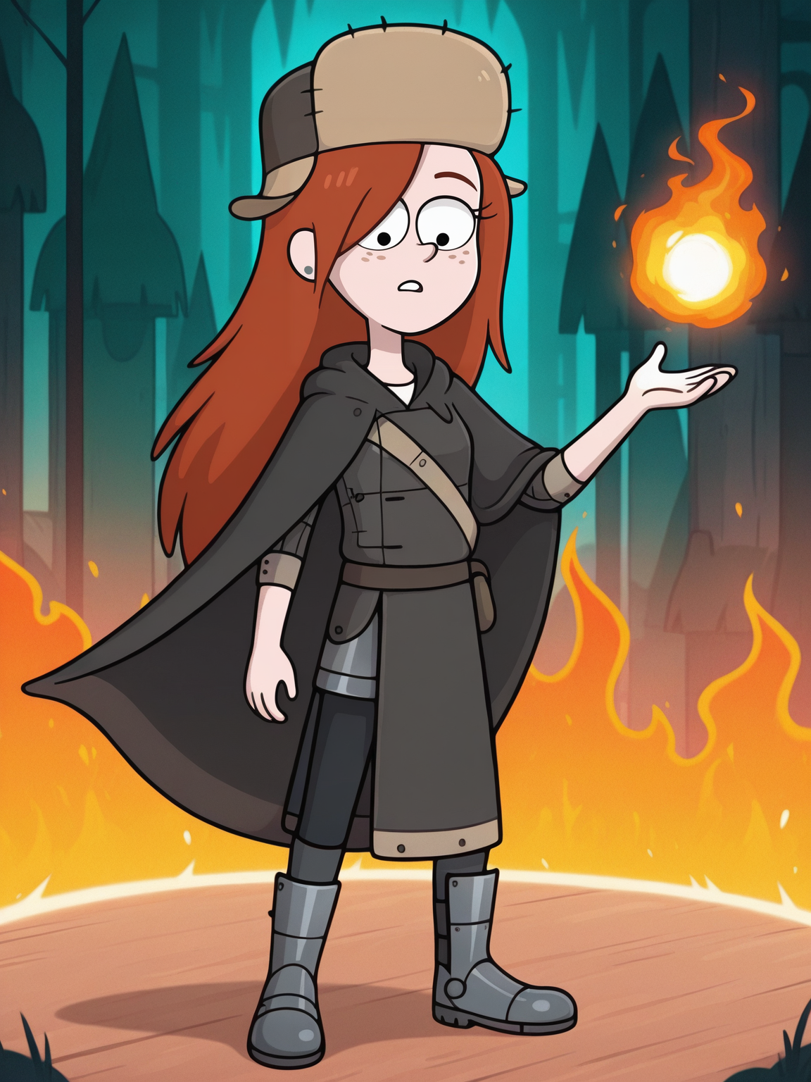 <lora:WendyCorduroyIL:0.7> w_g_f, 1girl, ginger hair, pupils black dots, black eyes, freckles, gray earrings, fur hat,
magic, magic robe, steel armor,glowing liens, fireball, action, full body, glowing background, magic background