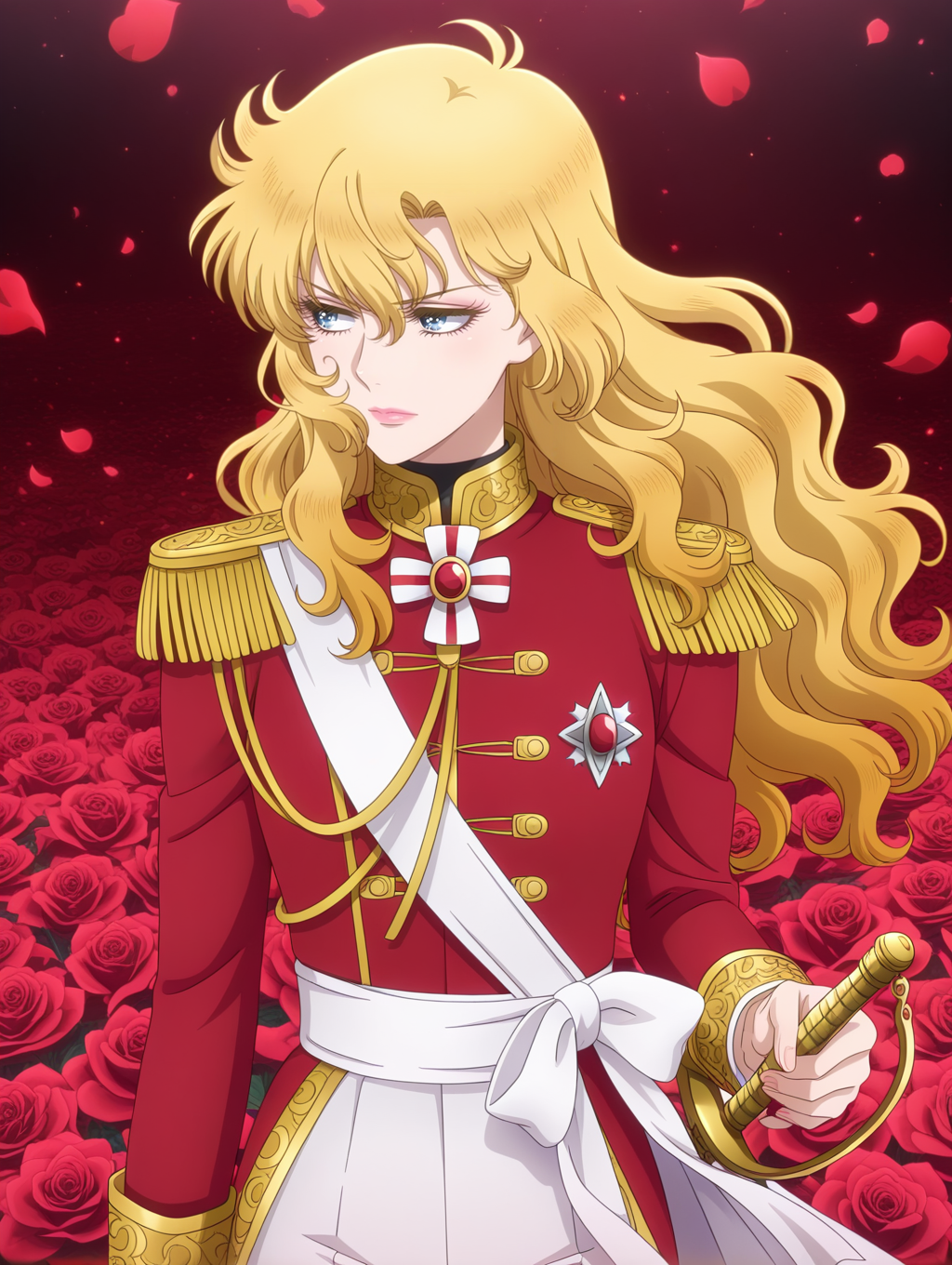 official tv style,anime coloring,oscar francois de jarjayes,1girl,solo,red rose,red petals,looking to the side,rapier,lips,wavy hair,lipstick,crossdressing,gold epaulettes,white bow,red military uniform,white pants,red jacket,white brooch,white aiguillette,
masterpiece,best quality,amazing quality,very aesthetic,absurdres,newest,<lora:oscar_francois_de_jarjayes illusXL v1:0.72>,