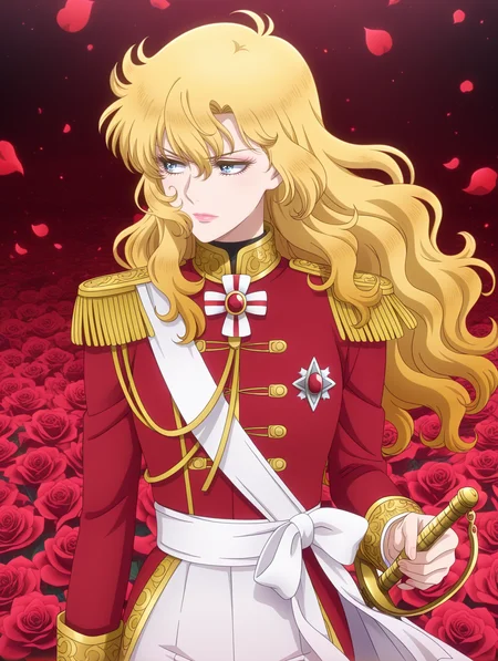 official tv style,anime coloring,oscar francois de jarjayes,1girl,solo,red rose,red petals,looking to the side,rapier,lips,wavy hair,lipstick,crossdressing,gold epaulettes,white bow,red military uniform,white pants,red jacket,white brooch,white aiguillette,
masterpiece,best quality,amazing quality,very aesthetic,absurdres,newest,<lora:oscar_francois_de_jarjayes illusXL v1:0.72>,