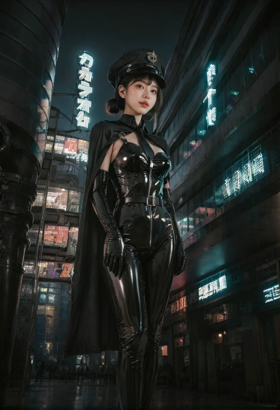 ,ruanyi0887,skyscraper,outdoors,night,neon lights,1girl,solo,,ruanyi0848,belt,black bodysuit,black necktie,cape,elbow gloves,latex,military hat,zipper,<lora:0887 Commercial street at night_v1_pony:1>,<lora:0848 instructor_v1_pony:0.7>, score_9,score_8_up,score_7_up,,8k,1girl,solo,,