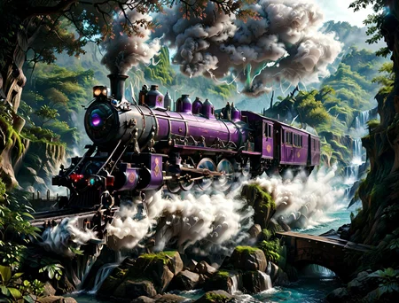 a hyper-realistic photograph of a ((vintage steam locomotive rides on rails on a bridge and blows smoke from a steam pipe)) near the ((serpentine tower)) piercing the sky on a mist-shrouded, alien world, surrounded by a lush, dense emerald forest teeming with life. Incorporate intricate scales on the tentacles, vibrant colors of the flora, and a subtle, creepy glow emanating from the tower. (((Corals))) and (((sea sponges))) grow between ((twisted creepy trees)) and the (((bushes of tentacles with eyes))) and ((huge twisted wispy dark mushrooms)) and (((strange plants with many eyes))). Clouds of fog are spreading across the ground, ((blue sparkling fireflies)) are flying in the fog over the stream. Capture the late evening atmosphere with a setting emerald sun casting a warm, emerald light, and a few wispy galaxies scattered across the deep purple sky. Add a touch of mystery by including faint, starry constellations and a distant nebula. The long shot perspective should emphasize the tower's ominous presence, making this image a haunting addition to any dark fantasy or horror concept art collection. 16k, scenery, (long shot:1.5),
<lora:000_detailed_notrigger:1>
<lora:sinfully_stylish_SDKL:1> sinfully, dark dramatic lighting, shadows,
<lora:DonM3t3rn1tyXL-v1.1:0.51> DonM3t3rn1tyXL,
<lora:zavy-ndrwtr-sdxl:0.15> zavy-ndrwtr, (((Corals))), (((sea sponges))),
<lora:Pandora Land XL:0.75> PandoraLnd
<lora:MJ52:0.8> detailed, realistic, photo, cinematic, photography,
<lora:SDXLFaeTastic2400:1> realistic,
<lora:DetailMaximizer:0.72> photo, detailmaximizer,
 <lora:Steam_Engine_Train_-_Locomotive:0.6> steam engine train, locomotive, smokestack, railroad tracks, smoke, 
score_9, score_8_up, score_7_up, insanely detailed, (detailed body), (high detailed), better color correction, bright color correction, improved light, beautifull, (Ultraealistic), (cinematic quality:1.5), 16k, best quality, cinematic realism, ultra detailed cinematic style, human view, high-quality, best quality, cinematic realism, <lora:MidjourneyV6.1:0.7> midjourneyv6.1,