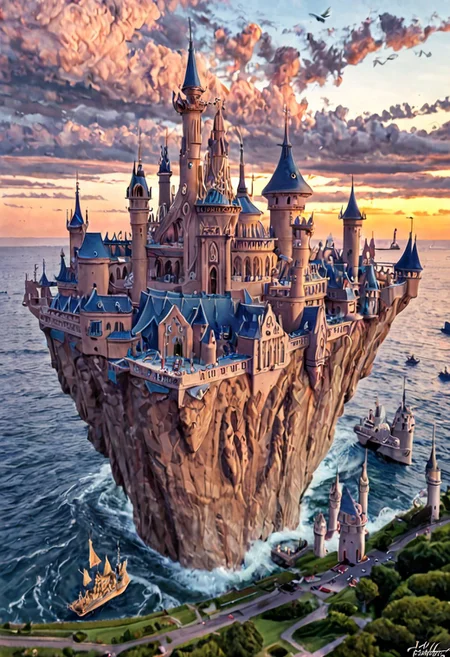 castle, matchcraft floating island, towers, sky, sea, fly, cloud