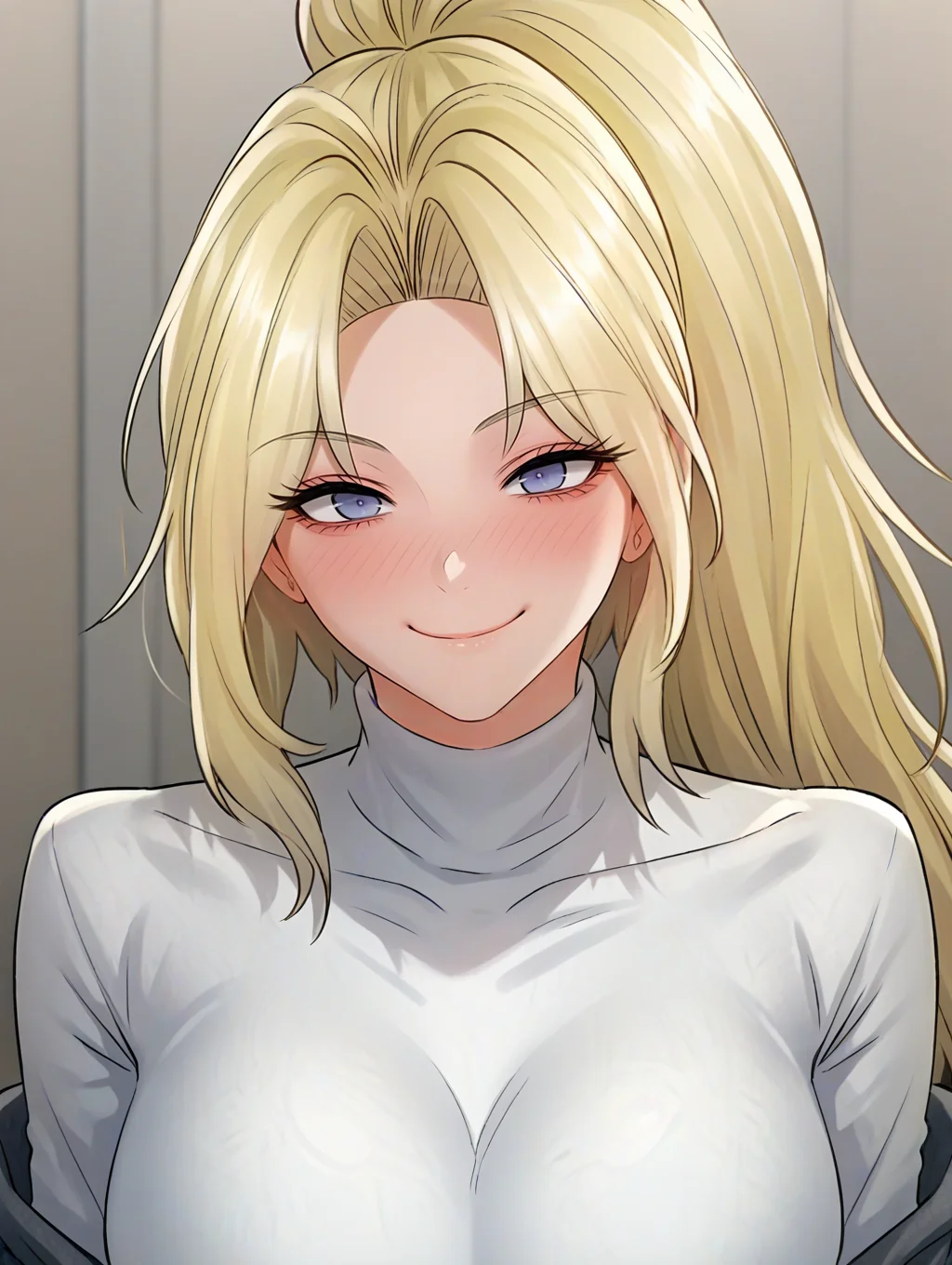 score_9, score_8_up, score_7_up, score_6_up, score_5_up, score_4_up, <lora:Tracy_Rose:1> tracy, blonde hair, breasts, long hair, large breasts, breasts, , ponytail:1.2,seductive smile, portrait, looking at viewer, , sexy, sweater, dress, turtleneck sweater, evil smile, sitting, undressing, <lora:xl_more_art-full_v1:0.8>