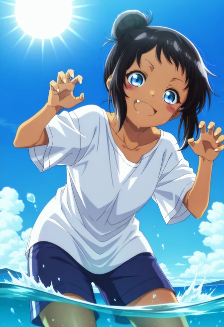masterpiece, best quality,  absurdres, highres, cinematic light, 1girl, solo, <lora:hina_kyan:1> kyan_wz, black hair, blue eyes, blush stickers, dark skin, dark-skinned female, white shirt, oversized shirt, short sleeves, blue shorts, single hair bun, hair bun, claw pose, leaning forward, :d, fang, fang out, partially submerged, ocean, waves, splashing, from below, sunlight, sun, blue sky,  sidelighting,  <lora:anime_screencap-Illustrious_1064755:1> anime screencap, anime coloring