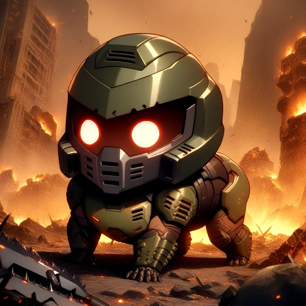 <lora:doro_xypher_amxl_v1:0.8> solo, doro, \:3, chibi, solid circle eyes, no pupils, all fours, no humans, Doomguy, doom, helmet, visor \(armor\), covered face, (glowing eyes:0.7), round eyes, chainsaw
, masterpiece, best quality, very aesthetic, absurdres, cinematic scene, detailed background, hellscape, embers, bones
, <lora:doomguy_xl_v1:0.9>