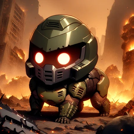 <lora:doro_xypher_amxl_v1:0.8> solo, doro, \:3, chibi, solid circle eyes, no pupils, all fours, no humans, Doomguy, doom, helmet, visor \(armor\), covered face, (glowing eyes:0.7), round eyes, chainsaw
, masterpiece, best quality, very aesthetic, absurdres, cinematic scene, detailed background, hellscape, embers, bones
, <lora:doomguy_xl_v1:0.9>
