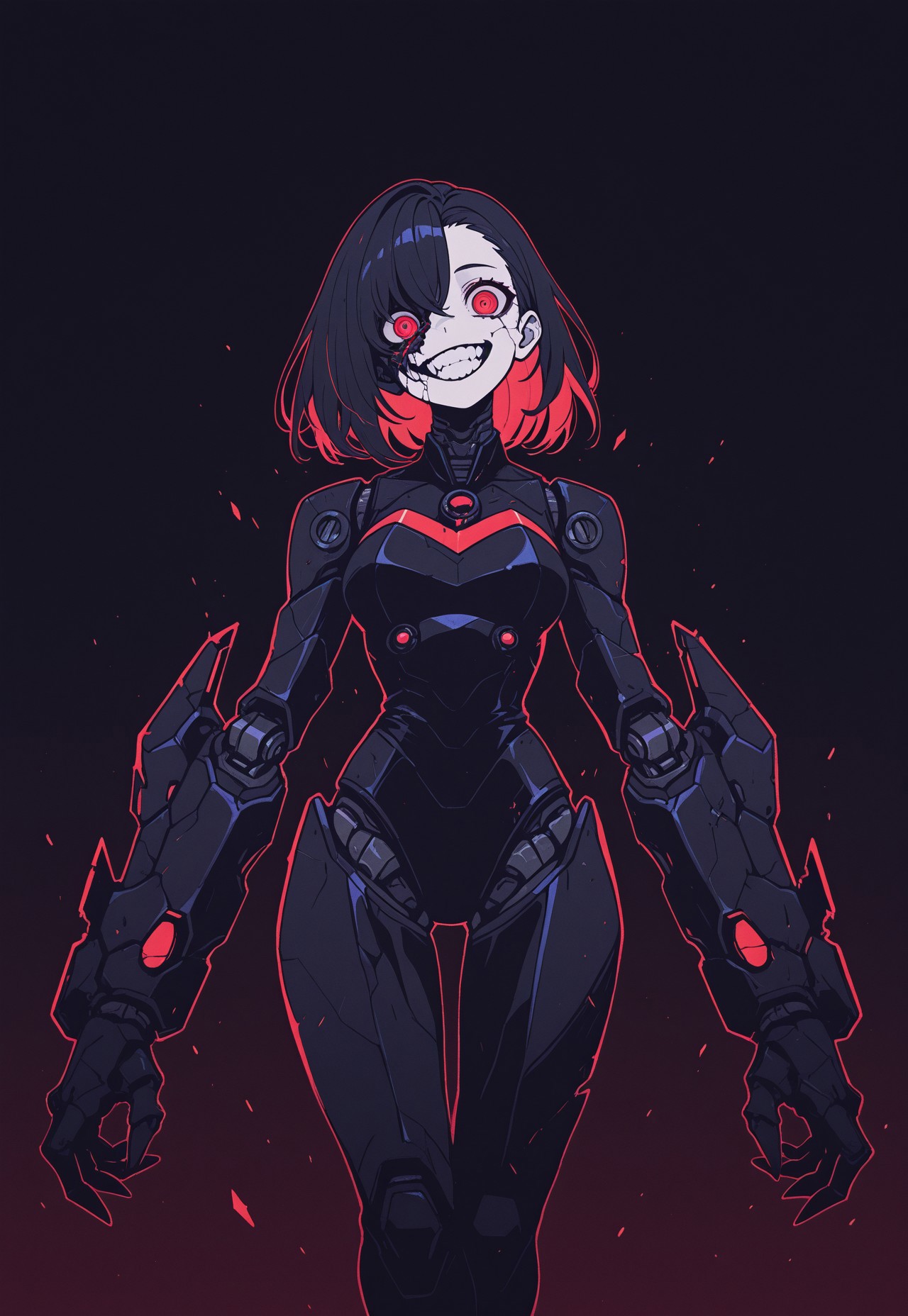 masterpiece, best quality, amazing quality, high resolution, aesthetic, 1girl, robot woman, black body with red details,  red eyes, asymmetric hair, headtilt, broken face, crazy, horror, creepy, dark background,  DRKWB, blade arms, open mouth, grin, Flatline, Flat vector illustration, attacking viewer, dynamic pose