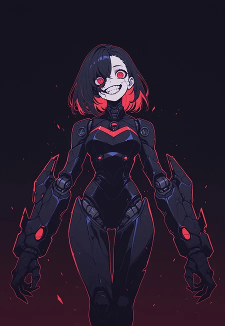 masterpiece, best quality, amazing quality, high resolution, aesthetic, 1girl, robot woman, black body with red details, red eyes, asymmetric hair, headtilt, broken face, crazy, horror, creepy, dark background, DRKWB, blade arms, open mouth, grin, Flatline, Flat vector illustration, attacking viewer, dynamic pose