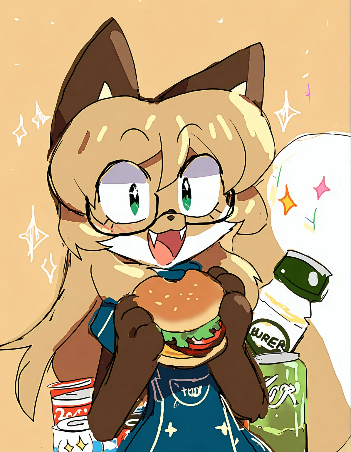 fiddleafox,
averi \(fiddleafox\), food, burger, animal ears, 1girl, solo, general, furry, fangs, open mouth, brand name imitation, furry female, smile, lettuce, soda, green eyes, blonde hair, looking at viewer, body fur, animal hands, dog ears, tomato, bottle, sparkle, dog girl, brown hair, can
very awa, masterpiece, best quality, year 2024, newest, highres, absurdres, <lora:fiddleafox-style-noobai-vpred10:1>
