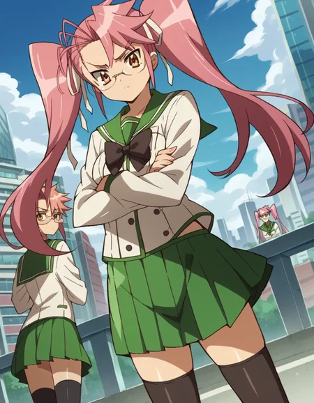 score_9, score_8_up, score_7_up, source_anime,
sayatakagi, <lora:saya-takagi-ponyxl-lora-nochekaiser:1>,
saya takagi, long hair, ribbon, twintails, brown eyes, hair ribbon, pink hair, glasses,
skirt, thighhighs, school uniform, serafuku, zettai ryouiki, green skirt, bowtie, long sleeves, black thighhighs, black bowtie,
outdoors, cityscape, zombies, crossed arms,
looking at viewer, cowboy shot, dutch angle,