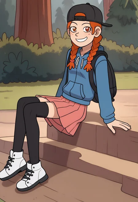 AmphiMaggie, orange hair, braid, twin braids, freckles, 1girl, solo, smile, baseball cap, backwards hat, long sleeves, pink skirt, pleated skirt, blue hoodie, hood down, backpack, black thighhighs, white footwear,