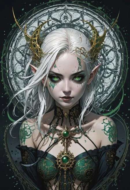 Blame! by Tsutomu Nihei see through, elven ears, full body, white hair hair, green makeup, gray assassin, mandala, white eyes, geometry, looking at viewer, katana, black oil splatter, is flying through a void of blue, golden plated cables everywhere, translucent glass head, gears in background, black oil splatter, green everywhere, symbiotic everywhere, insects everywhere titanium everywhere, electric everywhere, easynegative, ng_deepnegative_v1_75t