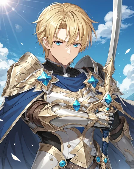 score_9, score_8_up, score_7_up, original style, depth of field, BREAK, rating_safe, 1boy, solo, yaoi, male focus, upper body, mature male, skinny, <lora:brammashell_pony:0.8> brammashell_gc, blonde hair, blue eyes, short hair, hair between eyes, bangs, armor, weapon, cape, boots, gauntlets, armored boots, sword, holding weapon, sheath, shoulder armor, pants, gloves, holding sword, looking at viewer, outdoors, day,<lora:sdxl_lightning_8step_lora:1> <lora:xl_more_art-full_v1:0.3>