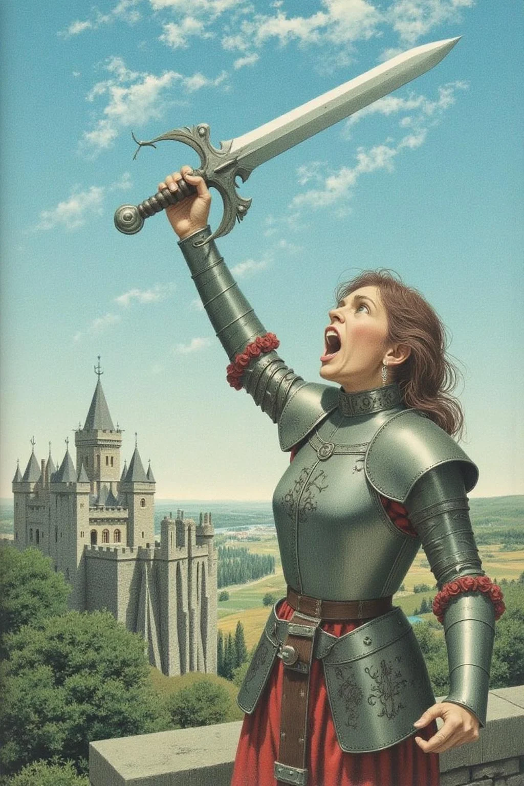 jeanleonhuens1 illustration. Young woman in medieval metal armor, lifting a giant sword toward the sky. She is shouting angrily. There is a castle in the background overlooking a valley. <lora:jeanleonhuens1_ap_d6a3e12:1.0><lora:844828919333955000:0>