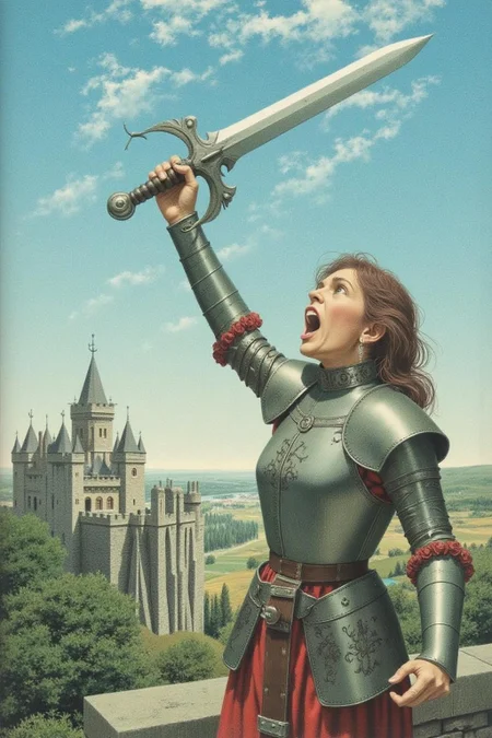 jeanleonhuens1 illustration. Young woman in medieval metal armor, lifting a giant sword toward the sky. She is shouting angrily. There is a castle in the background overlooking a valley. <lora:jeanleonhuens1_ap_d6a3e12:1.0><lora:844828919333955000:0>