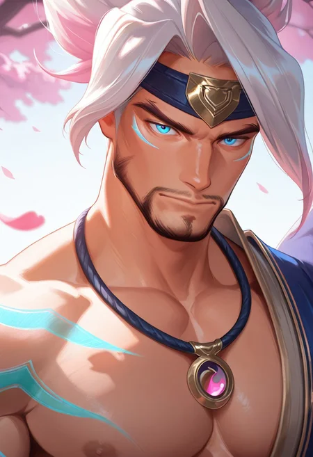 8K, In'ei, masterpiece, 8K CGI render, beautiful, sharp focus, crisp details, masterclass animation, source_anime, masterpiece,best quality,amazing quality, detailed, intricacy details, Perfect facial details, detailed eyes, solo, bara, yasu0, blue eyes, beard, Mature male, single bare shoulder, blue coat, large pectorals, luminous tattoo, cherry blossom, petal, looking at viewer,