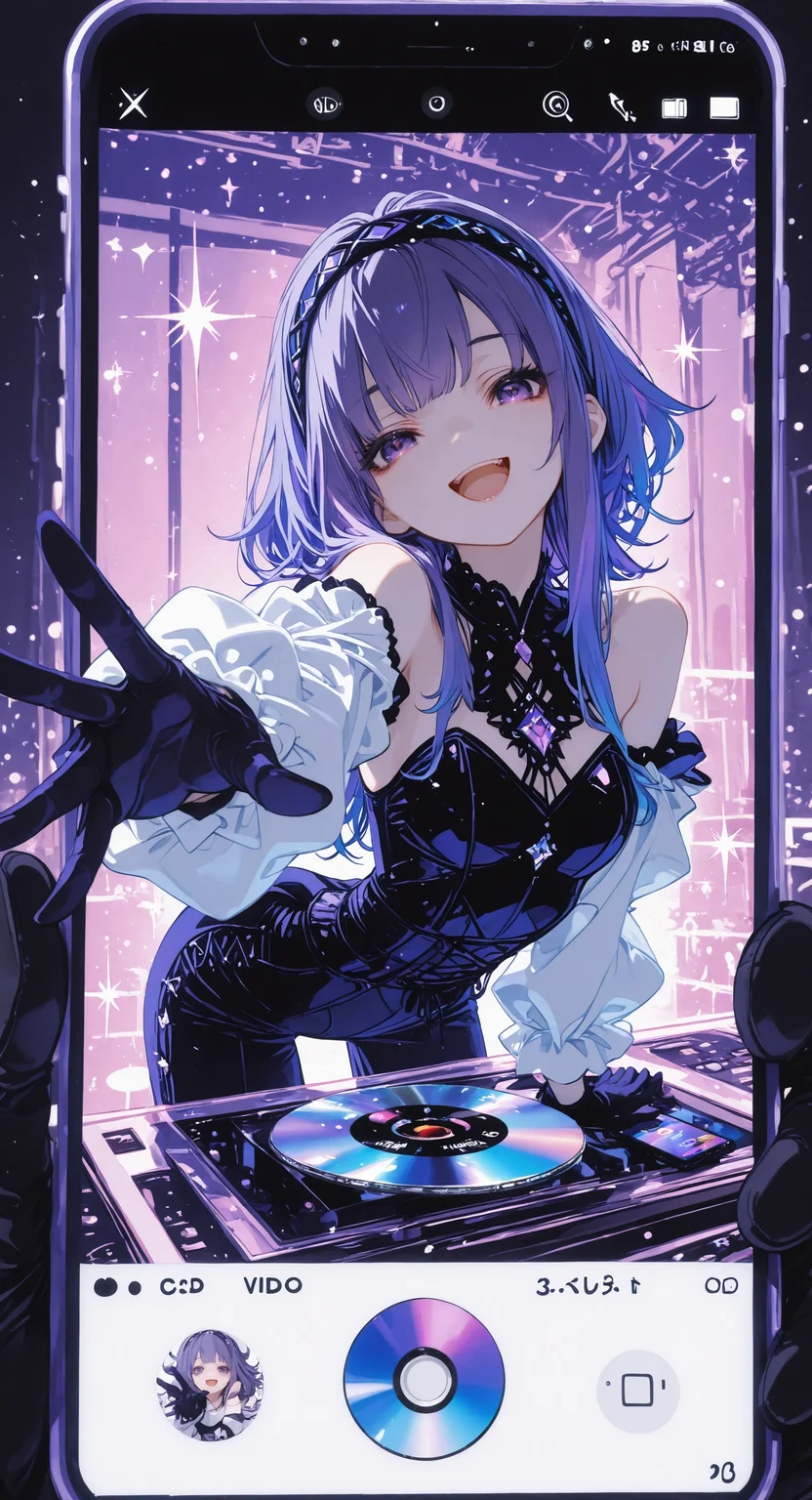 masterpiece, best quality, amazing quality, 1girl, solo, long hair, looking at viewer, smile, open mouth, blue eyes, long sleeves, gloves, bare shoulders, blue hair, purple eyes, purple hair, :d, hairband, detached sleeves, puffy sleeves, sparkle, phone, cellphone, outstretched arm, puffy long sleeves, smartphone, white sleeves, reaching, reaching towards viewer, cellphone photo, cd, through medium <lora:noobai_ep11_stabilizer_v0.138_fp16:0.3> <lora:ppw_v7_noobVv1.0:0.5> <lora:XXX667:0.5> <lora:lpc_v10:0.4> <lora:CrypticHue:1>