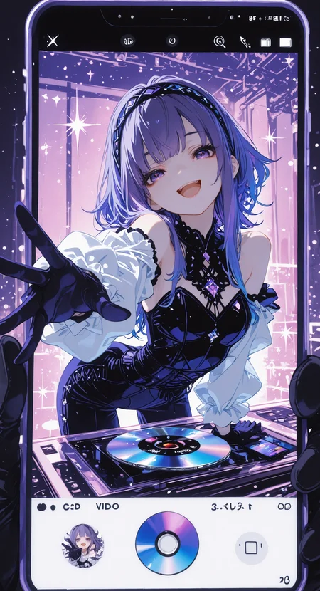 masterpiece, best quality, amazing quality, 1girl, solo, long hair, looking at viewer, smile, open mouth, blue eyes, long sleeves, gloves, bare shoulders, blue hair, purple eyes, purple hair, :d, hairband, detached sleeves, puffy sleeves, sparkle, phone, cellphone, outstretched arm, puffy long sleeves, smartphone, white sleeves, reaching, reaching towards viewer, cellphone photo, cd, through medium <lora:noobai_ep11_stabilizer_v0.138_fp16:0.3> <lora:ppw_v7_noobVv1.0:0.5> <lora:XXX667:0.5> <lora:lpc_v10:0.4> <lora:CrypticHue:1>