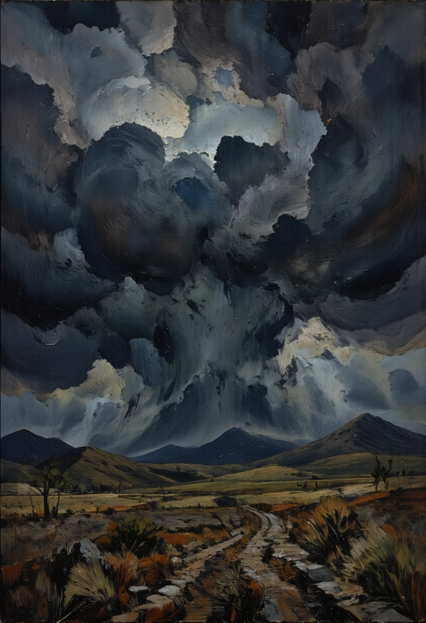 A thunderstorm over a desolate field, with dark clouds swirling ominously, Melancholic Weather, in memadukan_painter art style, <lora:Memadukan_Brush_Strokes_of_Fineart-000006:1.0>