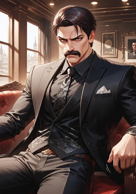 cowboy shot, (solo), 1boy, motion lines, male focus, sit, close up
masculine face, daddy looking face, masculine, wrinkle, Villain, thug, gangster, Nahualli, black hair, mustache, brown hair, 
Serious expression, 
Black suit, elegant man, 
toned body, lean body, slim body, narrow waist,
detailed face, detailed body, detailed eyes, perfect anatomy,
masterpiece,best quality,amazing quality,
<lora:cfg_scale_boost:0.2>, <lora:add-detail-xl:0.2>, <lora:NAI_QualityV1.1:0.2>,
Indoors, gangster office