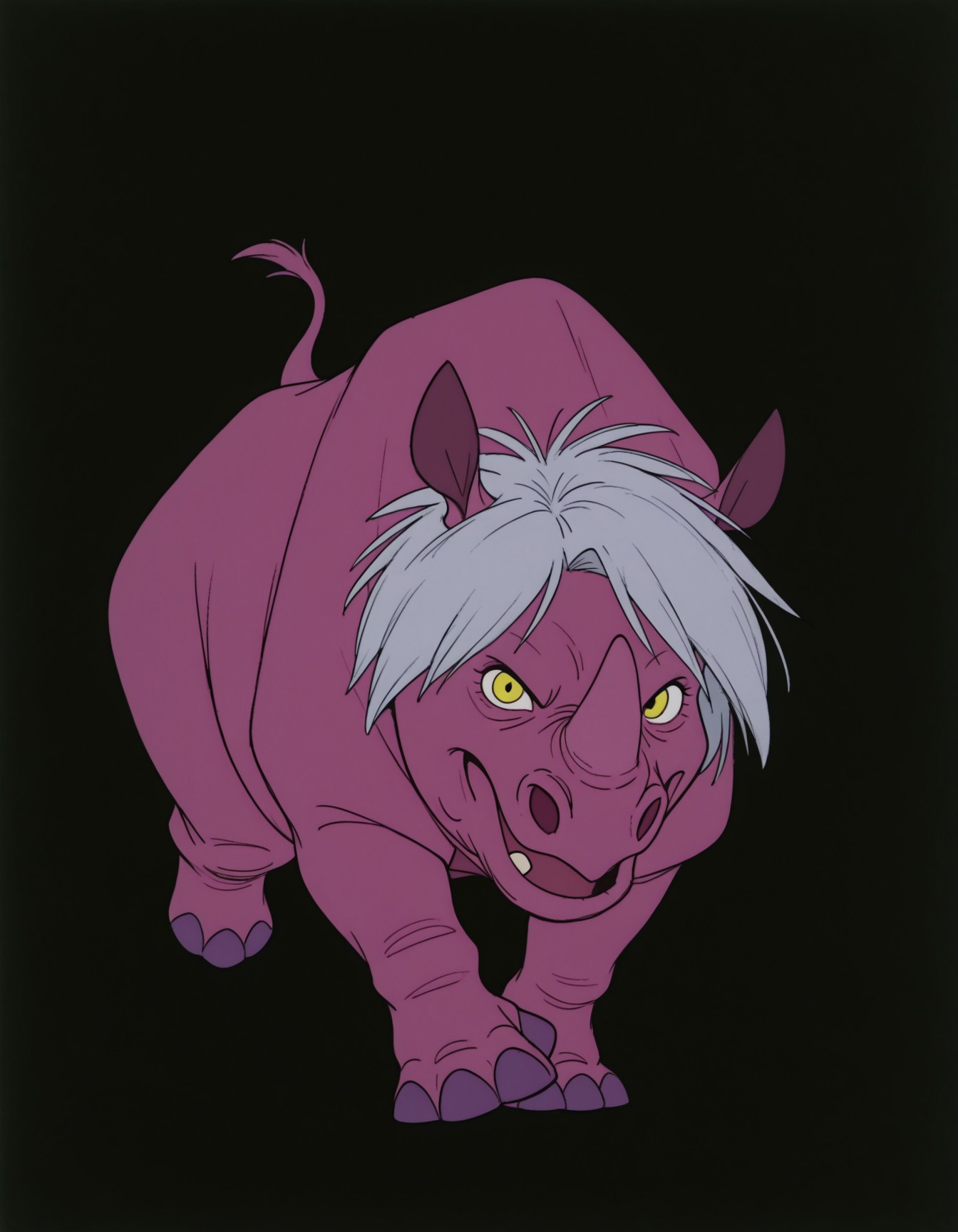 smooth quality, masterpiece, very intricate, high quality details, ultra realistic, high detailed skin, detailed environment, absurdres, solo, simple background, black background, color drain, erosrhinocerosmadammim, rhino, animal, pink skin, yellow eyes, grey hair, horns, fullbody, purple nails, running, frontal view, looking at viewer, evil face