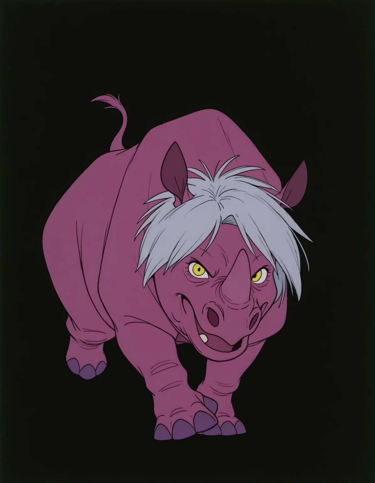 smooth quality, masterpiece, very intricate, high quality details, ultra realistic, high detailed skin, detailed environment, absurdres, solo, simple background, black background, color drain, erosrhinocerosmadammim, rhino, animal, pink skin, yellow eyes, grey hair, horns, fullbody, purple nails, running, frontal view, looking at viewer, evil face