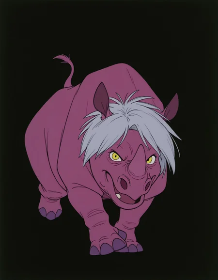 smooth quality, masterpiece, very intricate, high quality details, ultra realistic, high detailed skin, detailed environment, absurdres, solo, simple background, black background, color drain, erosrhinocerosmadammim, rhino, animal, pink skin, yellow eyes, grey hair, horns, fullbody, purple nails, running, frontal view, looking at viewer, evil face