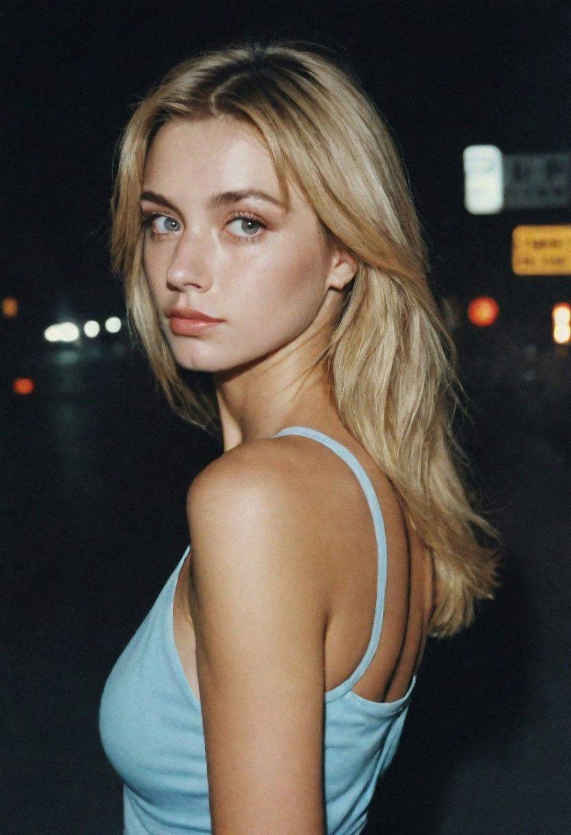 Analogic Portrait Photo a portrait 80s, and hyperdetailed photography, a woman 21-25 years old in street of city,night time, blonde hair, blue eyes , suspiria, hiperdetailed 80s clothes and hair,  makeup 80s,  background,squat pose,yearbook shot, perfil , granulate
