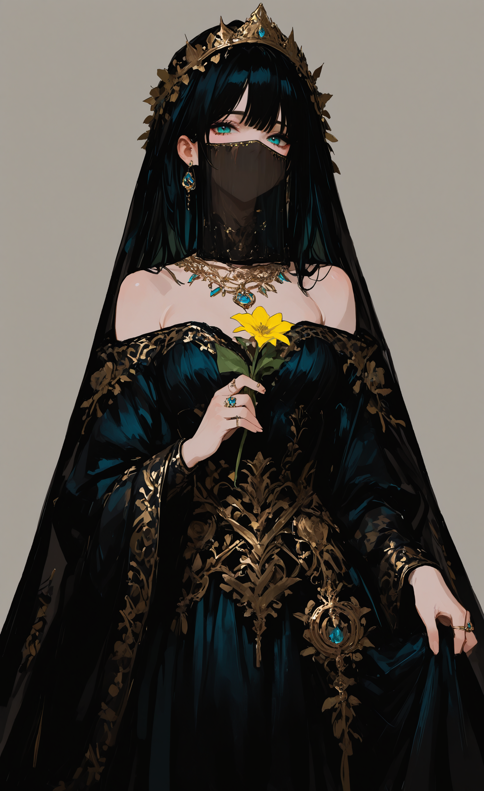masterpiece, best quality, good quality, very aesthetic, absurdres, newest, 1girl, solo, breasts, looking_at_viewer, blue_eyes, simple_background, black_hair, dress, holding, jewelry, bare_shoulders, green_eyes, flower, earrings, wide_sleeves, grey_background, necklace, black_dress, ring, crown, veil, yellow_flower, skirt_hold, holding_flower, covered_mouth, gold, mouth_veil <lora:ponyv4_noob1_2_adamW-000017:0.7> <lora:EtherSDXL:0.15> <lora:748cmSDXL:0.7>