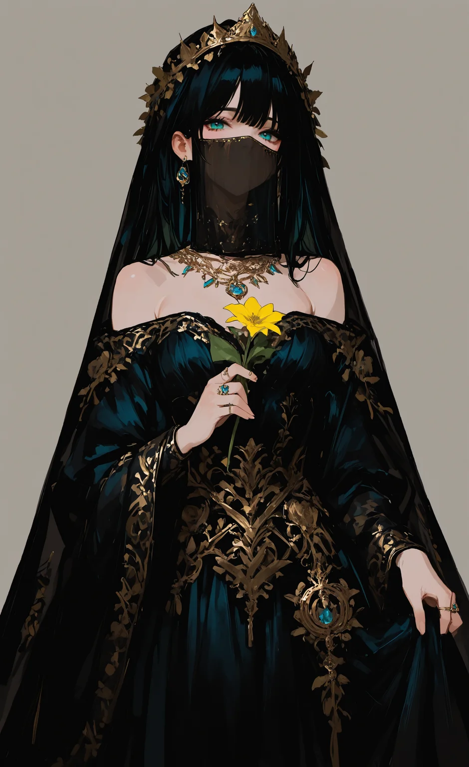 masterpiece, best quality, good quality, very aesthetic, absurdres, newest, 1girl, solo, breasts, looking_at_viewer, blue_eyes, simple_background, black_hair, dress, holding, jewelry, bare_shoulders, green_eyes, flower, earrings, wide_sleeves, grey_background, necklace, black_dress, ring, crown, veil, yellow_flower, skirt_hold, holding_flower, covered_mouth, gold, mouth_veil <lora:ponyv4_noob1_2_adamW-000017:0.7> <lora:EtherSDXL:0.15> <lora:748cmSDXL:0.7>