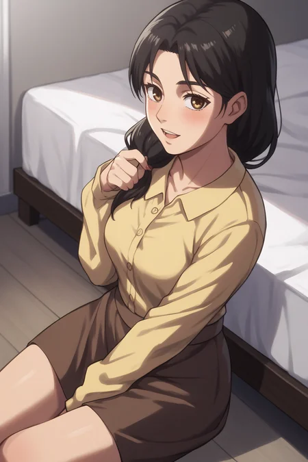 score_9, score_8_up, score_7_up, BREAK source_anime, <lora:carla yeager-PonyXL-lora-Faxtron:0.8> carla yeager, tucked-in yellow shirt, long sleeves, brown skirt,