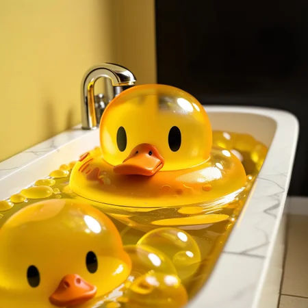 {1duck, 1 bath duck made out of slime, (slime duck:1.5), (yellow slime body:2), (orange slime beak:2), (glossy black eyes:1.5), translucent slime duck, transparent slime duck}
hud_sp_bth, flower, petals, water, bath, in an elegant bath tub, bubbles made out of slime, slimes hiding in the bath bubbles, bubble bath, perspective from inside tub, prespective from inside bath, lots of frothy bubbles, 
everything made of slime, No simple background,
((translucent slime)), ((transparent slime)), (bioluminescent slime), sl1m3d, slime, slime-morph, saturated colors, no humans, no people, no man, no woman,