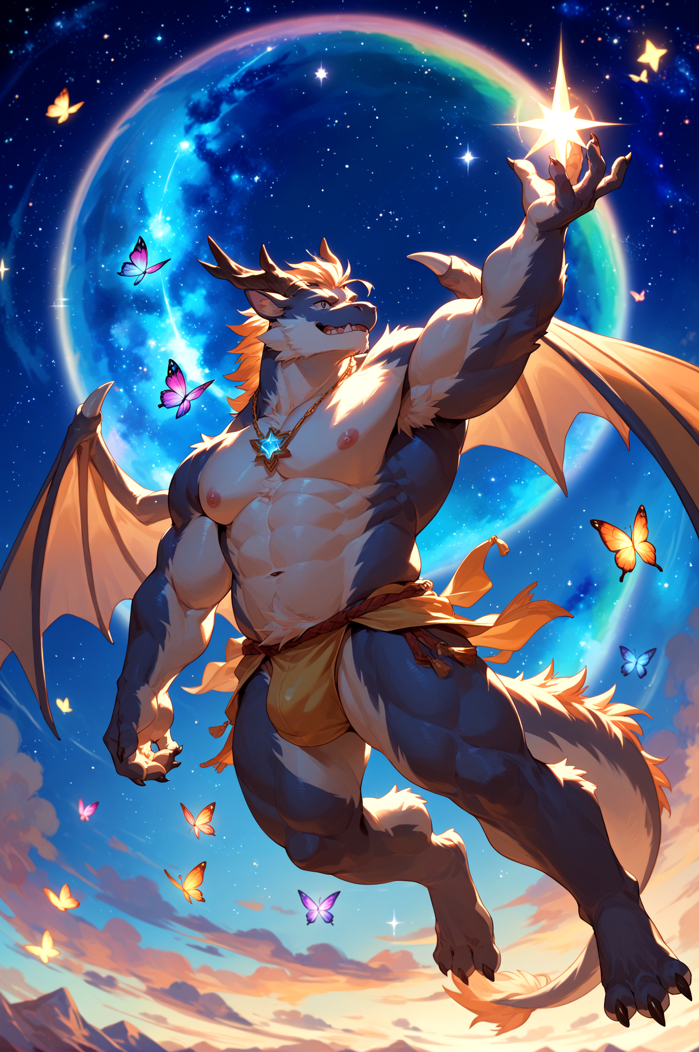 score_9,score_8_up,score_7_up,furry,kemono,high quality,full body,tail,furry,rating_explicit,embedding:zPDXL3 BREAK anthro male furry,
solo,dragon,
Universe,nebula,space,(stars:1.2),(many Magic transparent glowing Butterfly),(Colorful starry sky Magic two bat wings ),bright light ball,fantasy,colorful,brilliant,halo,[huge musclegut:0.65],sfw,Fundoshi,