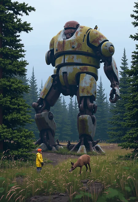 Simon Stalenhag Style, Deep in a dense Scandinavian forest, towering pine trees surround a fallen robotic colossus, its massive humanoid frame covered in moss and vines. Birds nest in the cracks of its rusted metal, and a deer cautiously approaches, sniffing the mechanical ruin. A child in a yellow raincoat stands nearby, gazing up in awe at the silent machine. The overcast sky casts a diffused, melancholic light over the scene, blending nature and forgotten technology into a hauntingly beautiful moment.