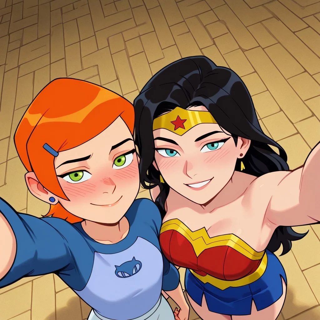 masterpiece, best quality, high quality, Gwen_Tennyson, 2 girls, orange hair, short hair, green eyes, blushing, smile, earrings, near a woman, next to a woman, 2 women, lesbians <lora:GwenTennyson_Ben10_illustrious_Leaf1-000019:1> 2 women, 1 woman black hair, long hair, blue eyes, wonder woman costume, wonder woman cosplay, top perspective, selfie