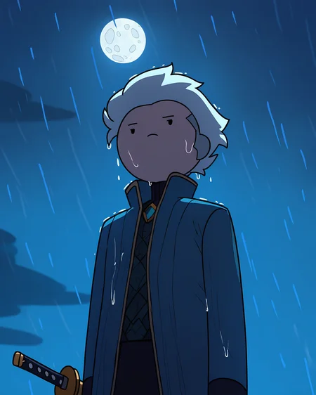 masterpiece, best quality, newest, absurdres, highres, hyperrealistic, outdoors, night, sky, moon, large moon, rain
1boy, vergil, dot eyes, serious expression, wet, cowboy shot, portrait, katana, adventure time, <lora:AdventureTime_ILL:1>