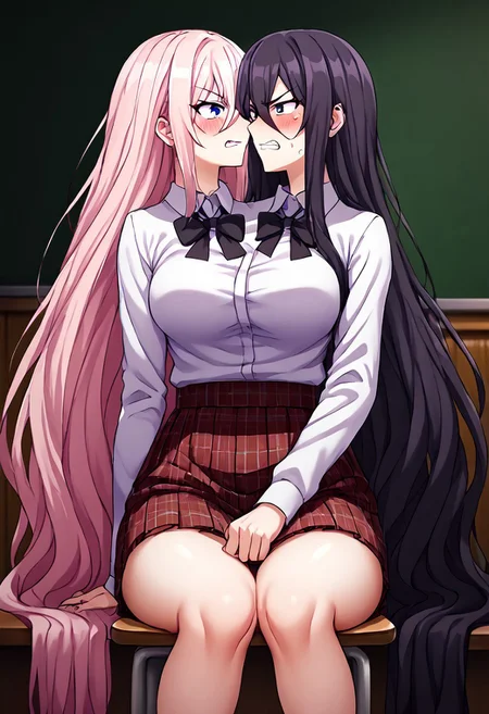 8K, HD,<lora: Two_heads_XL_anime_trained_edition_for_pony:1.1>, easynegative, conjoined, Japan anime, two heads, BREAK female, random color hair, random ((short hair, very long hair, very long straight hair, wave hair, thick hair, furry hair)), ((2 different hairstyles)), ((2 tones color of hairstyles)), (((2 tones color hair))), ((human)), anime, BREAK female, rival team color, (((2 conjoined student from 2 different school))), (((((2 tone color outfit, contrasting left and right outfit, asymmetrical design with varying styles on left and right, dual-style outfit, separate outfit design for left and right sides, ))))), Japanese School uniform, look at each other, face to face, ((argue, argument, arguing)), angry mood, lady, girl, indoor classroom background, sitting on the chair