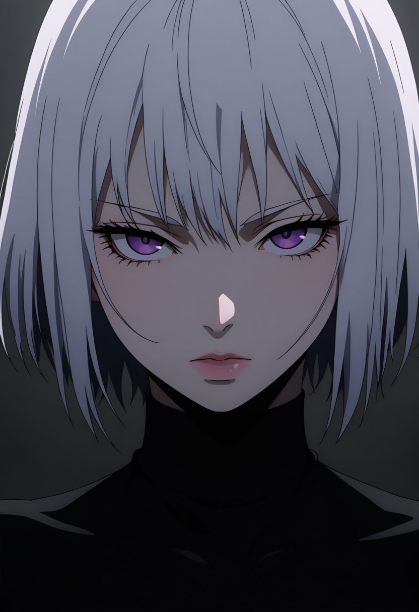 HDR, 8K, high contrast, masterpiece, best quality, amazing quality, very aesthetic, realistic, newest, volumetric lighting, flat color, anime screencap, anime coloring, ((ecchi)), (nsfw), (finely detailed face), 1girl, solo, white hair, purple eyes, black turtle neck, gurenge, flat grey background, gothic, dull lighting, face focus
