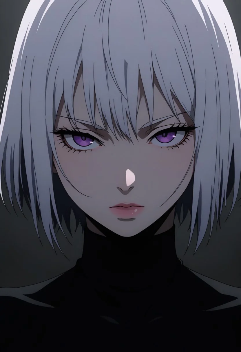 HDR, 8K, high contrast, masterpiece, best quality, amazing quality, very aesthetic, realistic, newest, volumetric lighting, flat color, anime screencap, anime coloring, ((ecchi)), (nsfw), (finely detailed face), 1girl, solo, white hair, purple eyes, black turtle neck, gurenge, flat grey background, gothic, dull lighting, face focus