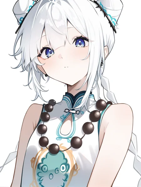 1girl,china dress,solo,suiyinzi,very long hair,white background,simple background,white hair,looking_at_viewer,,upper_body,<lora:suiyinzi-000010>, masterpiece, best quality, very aesthetic, absurdres