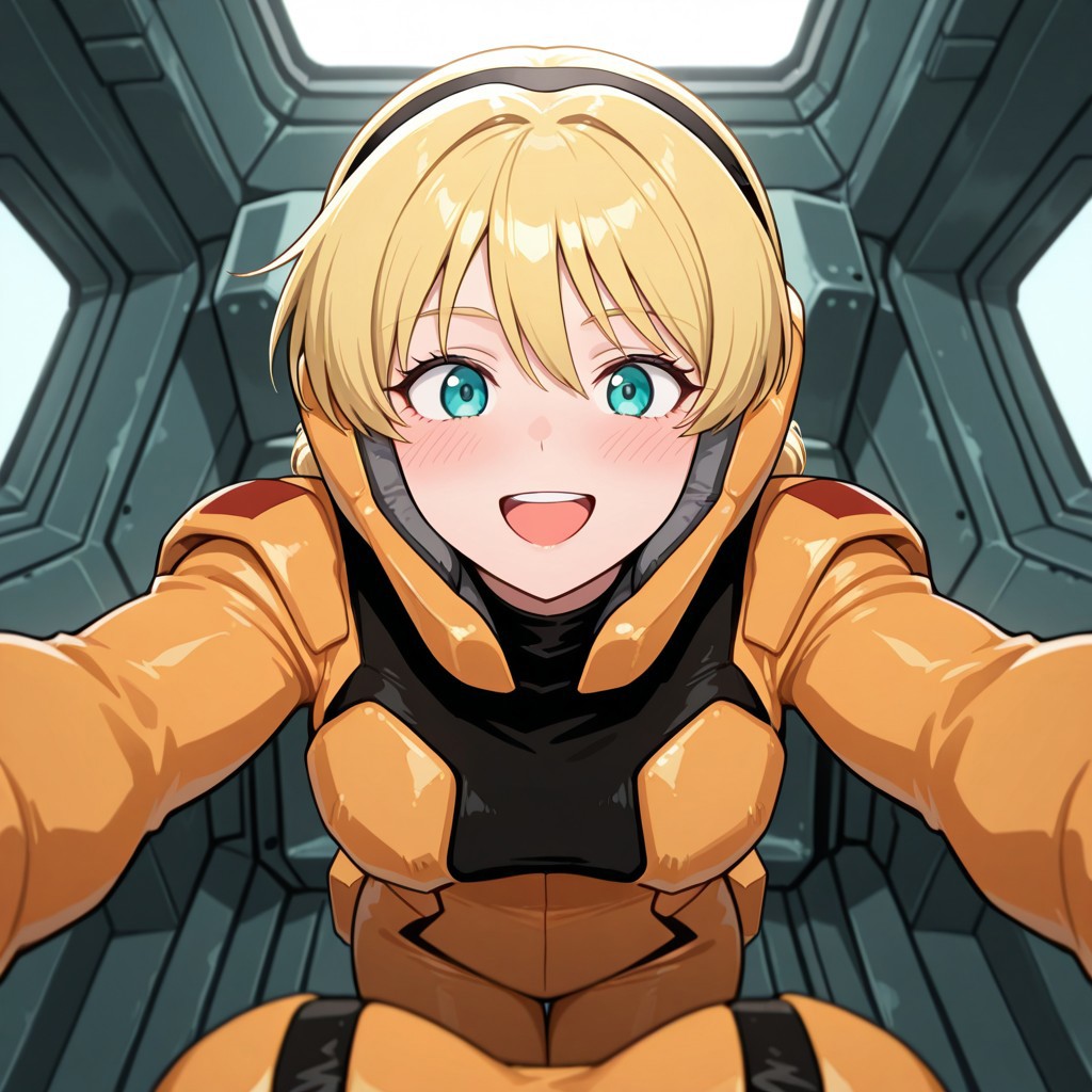 masterpiece, best quality, 32k, high resolution, absurdres, zanscare empire pilot suit, POV, looking at viewer, blush, smile, open mouth, upper teeth only